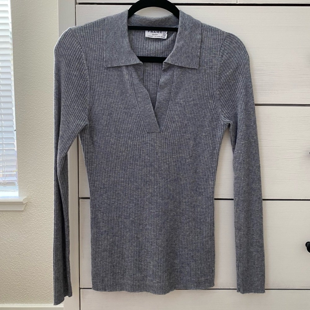 FRAME | Ribbed Polo Collar Top